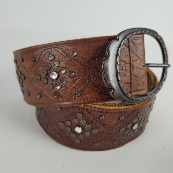 Abercrombie & Fitch Accessories - Abercrombie & Fitch Boho Western Brown Leather Tooled CZ Stone Stud Belt